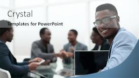  Presentation with desk - Theme having young-businessman-sitting-at-office background and a cool aqua colored foreground