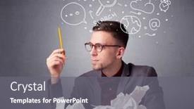  Presentation with doodles - Cool new slide deck with young businessman sitting behind crumpled paper with mixed doodles over his head backdrop and a gray colored foreground