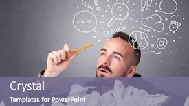  Presentation with doodles - Slide deck having young businessman sitting behind crumpled paper with mixed doodles over his head background and a gray colored foreground