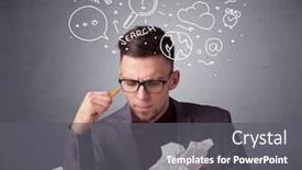  Presentation with doodles - Beautiful slide deck featuring young businessman sitting behind crumpled paper with mixed doodles over his head backdrop and a gray colored foreground