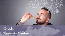  Presentation with doodles - PPT theme consisting of young businessman sitting behind crumpled paper with mixed doodles over his head background and a gray colored foreground