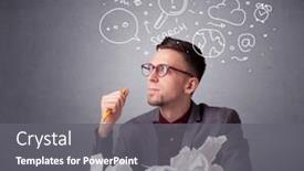  Presentation with doodles - Cool new slides with young businessman sitting behind crumpled paper with mixed doodles over his head backdrop and a gray colored foreground