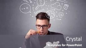  Presentation with doodles - Colorful PPT theme enhanced with young businessman sitting behind crumpled paper with mixed doodles over his head backdrop and a gray colored foreground