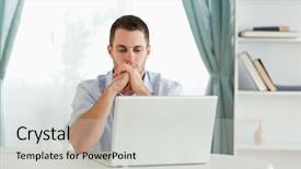  Presentation with desk - Audience pleasing slides consisting of young businessman sitting behind desk backdrop and a light gray colored foreground