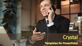  Presentation with human computer interaction mobile app - Cool new slide set with young businessman sitting in cafe backdrop and a tawny brown colored foreground