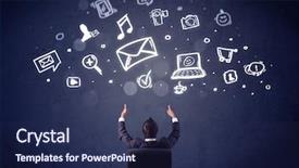  Presentation with office chair - Beautiful slide deck featuring young businessman sitting in office chair with sketched multimedia icons above his head backdrop and a navy blue colored foreground