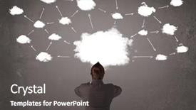  Presentation with office chair - Audience pleasing slides consisting of young businessman sitting in office chair in front of a wall with cloud technology concept above his head backdrop and a dark gray colored foreground