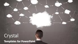  Presentation with cloud technology - Cool new PPT theme with young businessman sitting in office chair in front of a wall with cloud technology concept above his head backdrop and a dark gray colored foreground