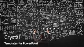  Presentation with office chair - Presentation featuring young businessman sitting in office chair in front of a blackboard with sketched charts and signs background and a dark gray colored foreground