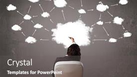  Presentation with cloud technology - Slides consisting of young businessman sitting in office chair in front of a wall with cloud technology concept above his head background and a gray colored foreground