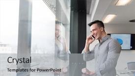  Presentation with phone meeting - Colorful slides enhanced with young businessman speaking on smart backdrop and a light gray colored foreground