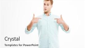  Presentation with businessman standing on mountain top - Presentation design having young businessman standing and pointing background and a  colored foreground