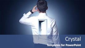  Presentation with open door - Beautiful PPT theme featuring young businessman standing and thinking with an open door on his back backdrop and a ocean colored foreground