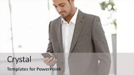  Presentation with building - Colorful slide set enhanced with young businessman standing at office backdrop and a light gray colored foreground