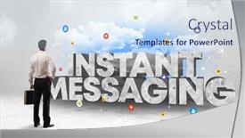  Presentation with instant messaging - Slide deck enhanced with young-businessman-standing-in-front background and a sky blue colored foreground