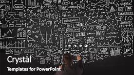  Presentation with businessman standing on maze - Theme with young businessman standing in front of sketched charts and signs on a blackboard background and a dark gray colored foreground