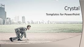  Presentation with businessman standing on mountain top - Presentation theme enhanced with young businessman standing in start background and a sky blue colored foreground