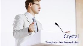  Presentation with stage - Amazing slide set having young businessman standing on stage backdrop and a  colored foreground