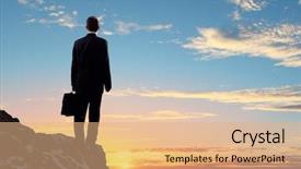  Presentation with mountain top - Colorful PPT layouts enhanced with young businessman standing on top backdrop and a coral colored foreground