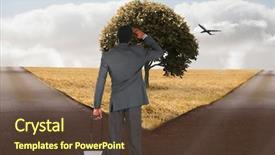  Presentation with crossroads - Presentation featuring young businessman standing with suitcase against crossroads background and a tawny brown colored foreground