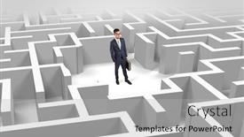  Presentation with maze - Cool new presentation design with young businessman standing in a middle of a 3d maze backdrop and a light gray colored foreground