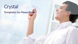  Presentation with office inauguration launch start up - Amazing PPT theme having young businessman starts paper airplane backdrop and a sky blue colored foreground