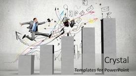  Presentation with stepping - Beautiful PPT layouts featuring young businessman stepping up on chart bar backdrop and a light gray colored foreground