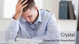  Presentation with accounting - Slide deck having young businessman stressed while doing his accounting background and a light blue colored foreground