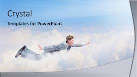  Presentation with superhero - Presentation consisting of young businessman superhero flying high background and a light blue colored foreground