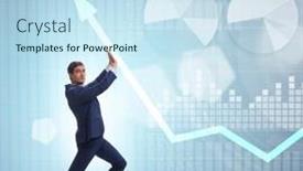  Presentation with economic - Cool new PPT theme with young-businessman-supporting-economic-growth backdrop and a sky blue colored foreground