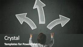  Presentation with decision - Slide set with young businessman taking a decision with different directed arrows above his head background and a dark gray colored foreground