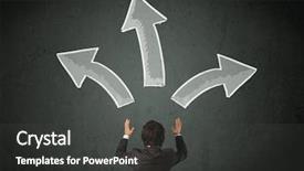  Presentation with decision - PPT layouts with young businessman taking a decision with different directed arrows above his head background and a dark gray colored foreground