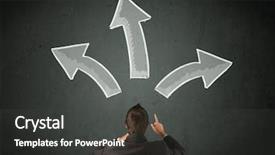  Presentation with decision - Audience pleasing slide set consisting of young businessman taking a decision with different directed arrows above his head backdrop and a dark gray colored foreground
