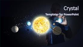  Presentation with fingers - Beautiful PPT theme featuring young businessman taking with fingers planet of sun system backdrop and a wine colored foreground