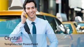  Presentation with transportation taxi from his cell - PPT theme enhanced with young businessman talking on smartphone background and a light blue colored foreground