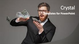  Presentation with banknotes - Theme having young businessman throwing out money background and a gray colored foreground