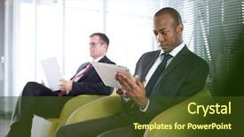  Presentation with analog to digital convertion - Colorful presentation enhanced with young businessman using digital tablet backdrop and a  colored foreground