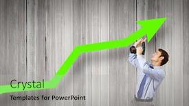  Presentation with drill - Theme featuring young businessman using drill to fix growing arrow background and a light gray colored foreground