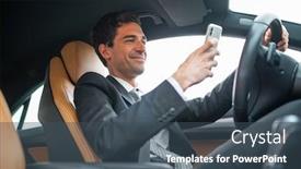  Presentation with behaviour - Colorful presentation design enhanced with young-businessman-using-his-mobile backdrop and a ocean colored foreground