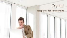  Presentation with new office - Colorful PPT layouts enhanced with young businessman using laptop at desk in new office backdrop and a sky blue colored foreground