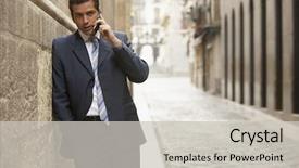  Presentation with wall street - Colorful slides enhanced with young businessman using mobile phone while leaning on wall in street backdrop and a light gray colored foreground