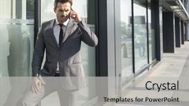  Presentation with phone - Theme featuring young businessman using mobile phone background and a  colored foreground