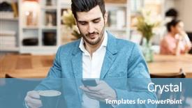 Presentation with cafeteria - PPT layouts consisting of young businessman using mobilephone drinking background and a teal colored foreground