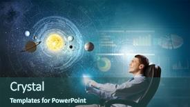  Presentation with smart - Slide set with young businessman using smart phone and planets of space spinning background and a ocean colored foreground