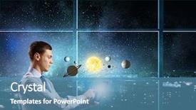 Presentation with planets - Cool new PPT theme with young businessman using smart phone and planets of space spinning backdrop and a teal colored foreground