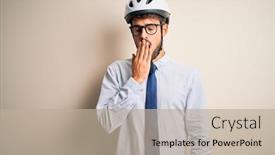  Presentation with bike - Presentation design with young-businessman-wearing-glasses background and a mint green colored foreground