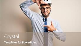  Presentation with bakground - Cool new presentation design with young-businessman-wearing-glasses backdrop and a coral colored foreground