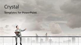  Presentation with red bow - Slide deck having young businessman wearing red bow tie sitting on parapet with old opened book background and a light gray colored foreground