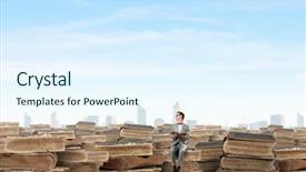  Presentation with red bow - Audience pleasing theme consisting of young businessman wearing red bow tie sitting on pile of old books backdrop and a sky blue colored foreground