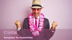  Presentation with hawaiian - PPT layouts featuring young businessman wearing suit hat glasses hawaiian lei over isolated pink background screaming proud and celebrating victory and success very excited cheering emotion background and a violet colored foreground